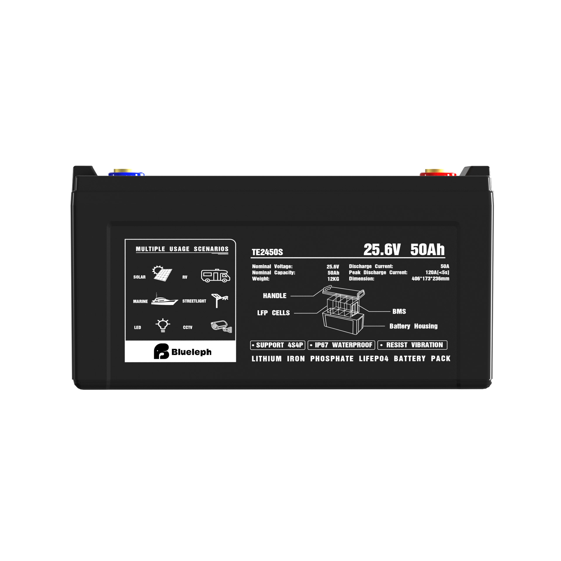 left side view of 25.6v 50Ah lithium ion phosphate battery 01